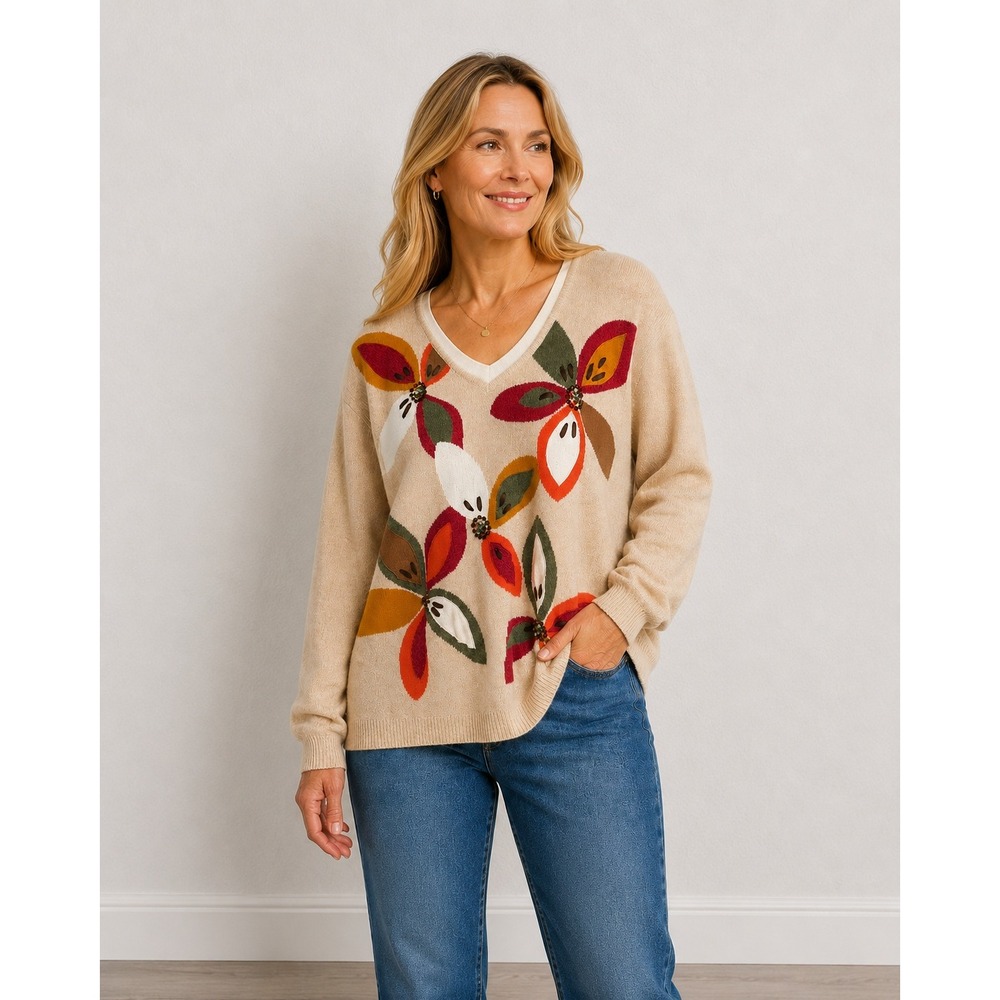 Alfred Dunner Sweater Women Large Tan Floral Beaded Autumn Earthy Tones Boho